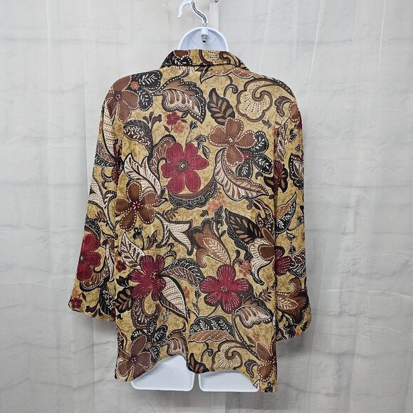 Brown Blouse Red Floral Boho Sheer Button-Down Retro Hippie 16 - Picture 7 of 13